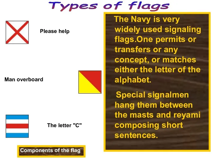 The Navy is very widely used signaling flags.One permits or