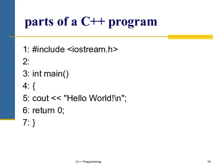 C++ Programming parts of a C++ program 1: #include 2: