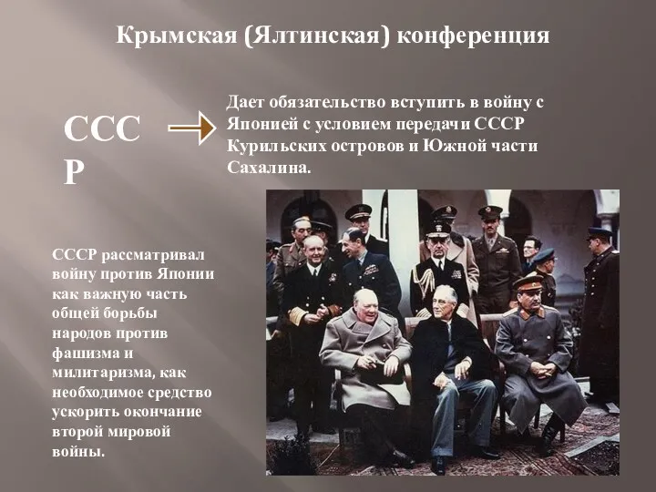 Крымская (Ялтинская) конференция СССР Дает обязательство вступить в войну с