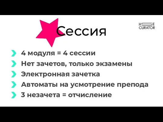 Сессия 4 модуля = 4 сессии Нет зачетов, только экзамены