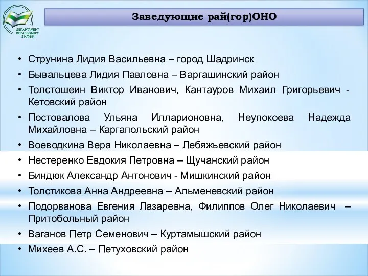 Заведующие рай(гор)ОНО Струнина Лидия Васильевна – город Шадринск Бывальцева Лидия