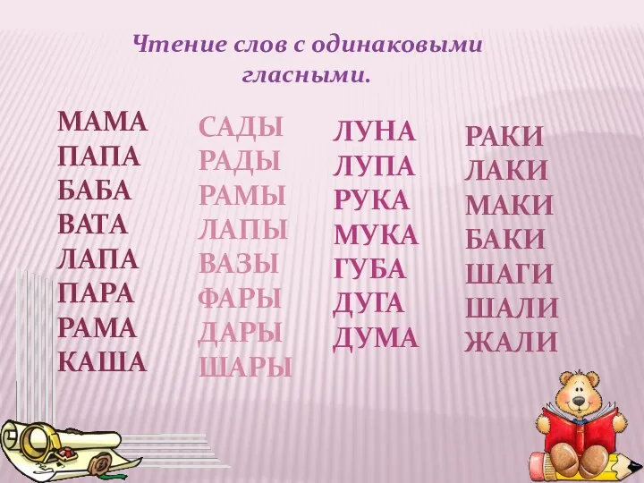 Чтение слов с одинаковыми гласными. МАМА ПАПА БАБА ВАТА ЛАПА ПАРА РАМА КАША