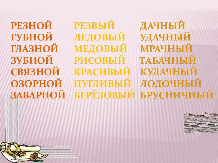 РЕЗНОЙ ГУБНОЙ ГЛАЗНОЙ ЗУБНОЙ СВЯЗНОЙ ОЗОРНОЙ ЗАВАРНОЙ РЕЗВЫЙ ЛЕДОВЫЙ МЕДОВЫЙ РИСОВЫЙ КРАСИВЫЙ ПУГЛИВЫЙ