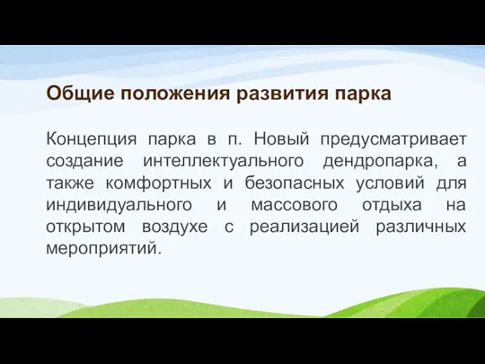 Общие положения развития парка Концепция парка в п. Новый предусматривает