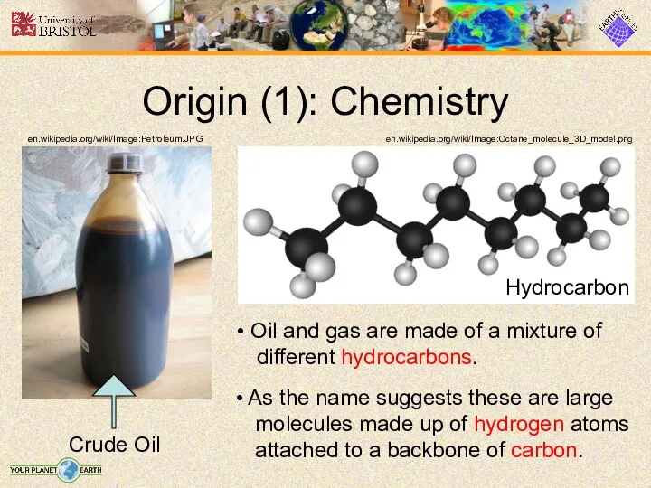 Origin (1): Chemistry Crude Oil Hydrocarbon en.wikipedia.org/wiki/Image:Octane_molecule_3D_model.png en.wikipedia.org/wiki/Image:Petroleum.JPG Oil and