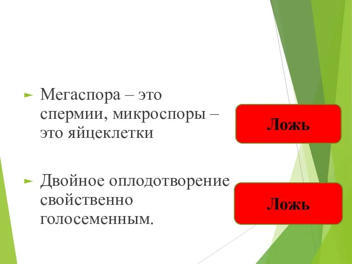 Мегаспора – это спермии, микроспоры – это яйцеклетки Двойное оплодотворение свойственно голосеменным. Ложь Ложь