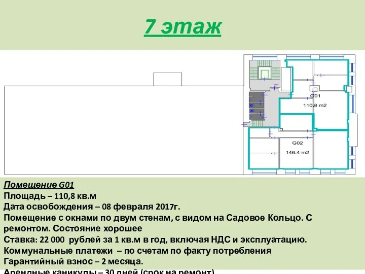 7 этаж Помещение G01 Площадь – 110,8 кв.м Дата освобождения