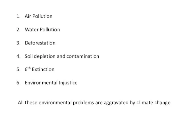 Air Pollution Water Pollution Deforestation Soil depletion and contamination 6th Extinction Environmental Injustice