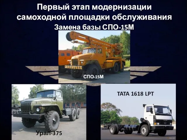 Первый этап модернизации самоходной площадки обслуживания Замена базы СПО-15М СПО-15М Урал-375 TATA 1618 LPT