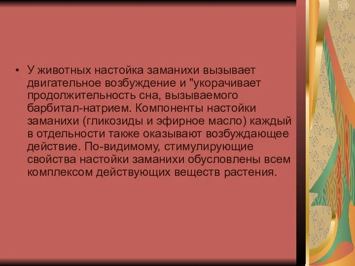 У животных настойка заманихи вызывает двигательное возбуждение и "укорачивает продолжительность