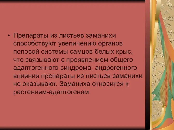 Препараты из листьев заманихи способствуют увеличению органов половой системы самцов