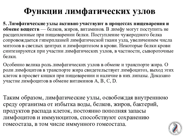 Функции лимфатических узлов 5. Лимфатические узлы активно участвуют в процессах