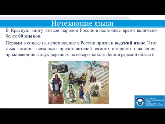Исчезающие языки В Красную книгу языков народов России в настоящее