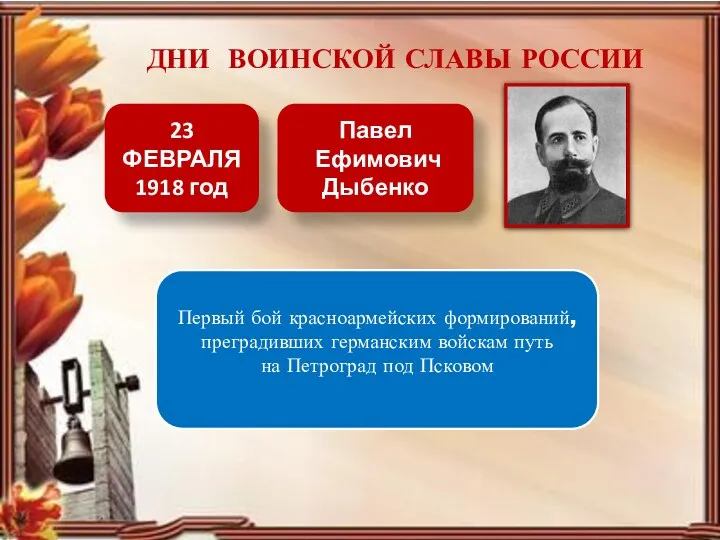 ДНИ ВОИНСКОЙ СЛАВЫ РОССИИ Павел Ефимович Дыбенко 23 ФЕВРАЛЯ 1918