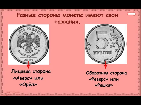 Разные стороны монеты имеют свои названия. Лицевая сторона «Аверс» или «Орёл» Оборотная сторона «Реверс» или «Решка»