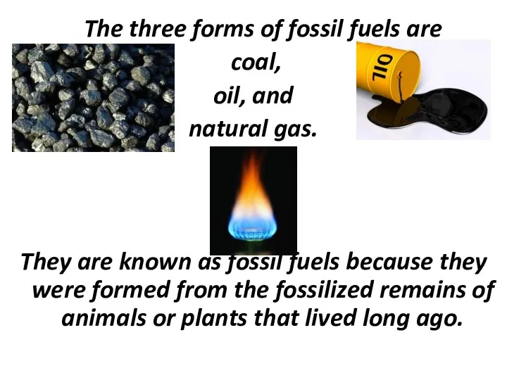 The three forms of fossil fuels are coal, oil, and