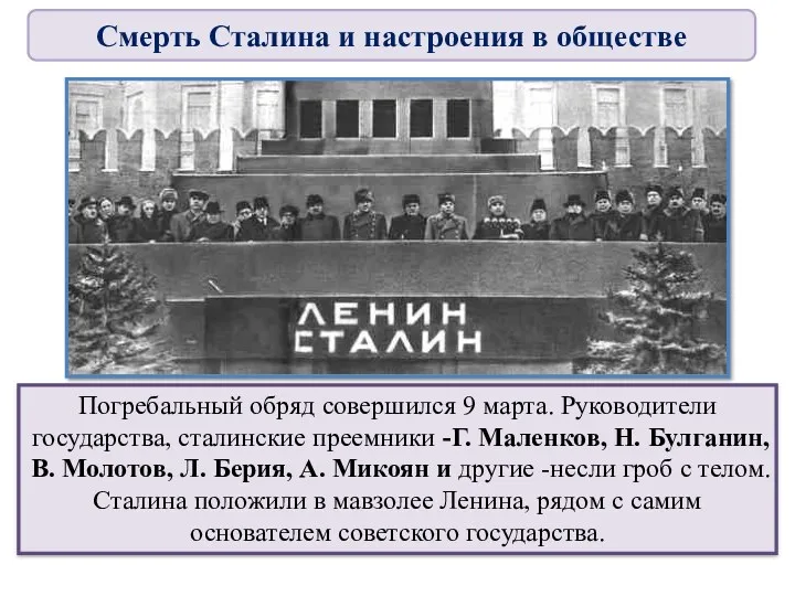 Погребальный обряд совершился 9 марта. Руководители государства, сталинские преемники -Г. Маленков, Н. Булганин,
