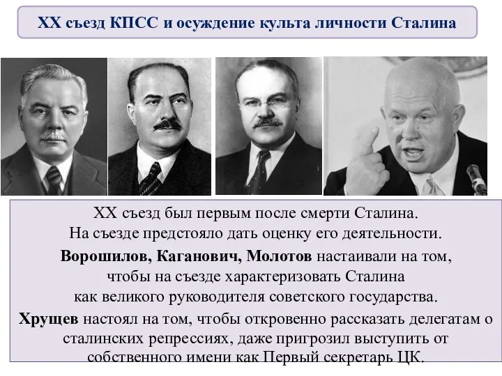 ХХ съезд был первым после смерти Сталина. На съезде предстояло дать оценку его