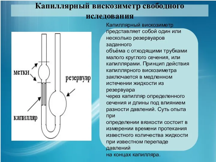 Капиллярный вискозиметр свободного иследования Капиллярный вискозиметр представляет собой один или несколько резервуаров заданного