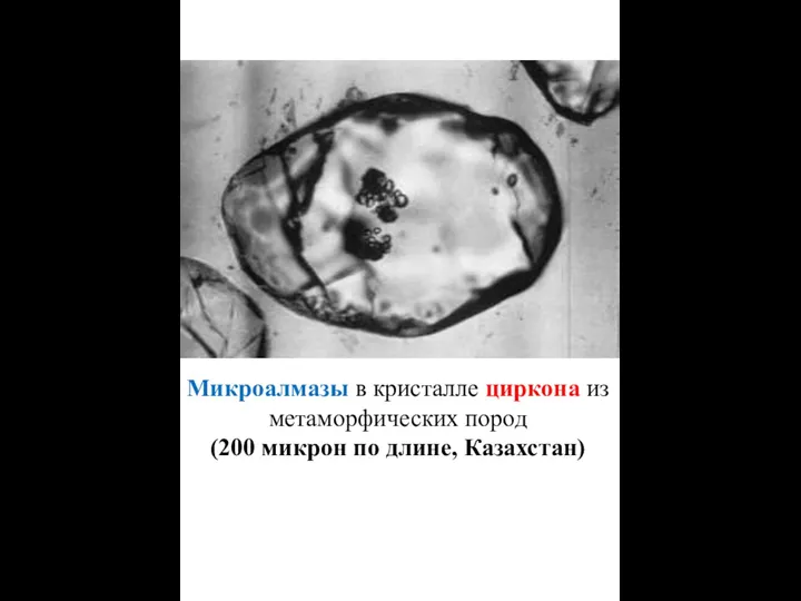 Микроалмазы в кристалле циркона из метаморфических пород (200 микрон по длине, Казахстан)