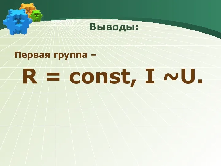 Выводы: Первая группа – R = const, I ~U.