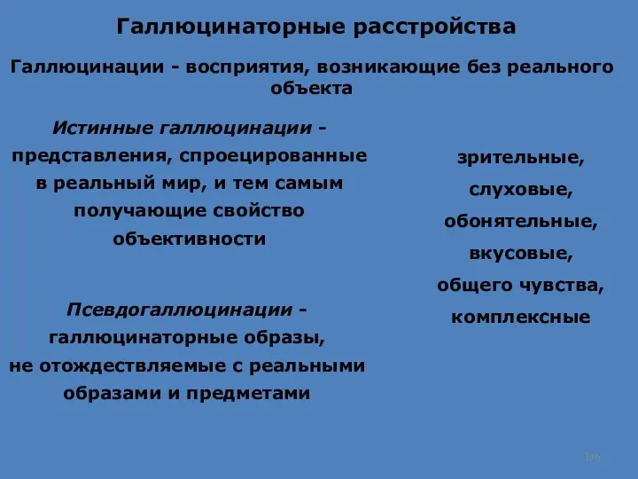 Галлюцинаторные расстройства Галлюцинации - восприятия, возникающие без реального объекта Истинные