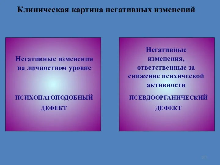 Клиническая картина негативных изменений Негативные изменения на личностном уровне ПСИХОПАТОПОДОБНЫЙ