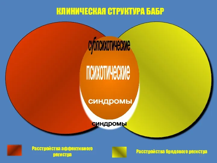 КЛИНИЧЕСКАЯ СТРУКТУРА БАБР Расстройства аффективного регистра Расстройства бредового регистра субпсихотические синдромы психотические синдромы