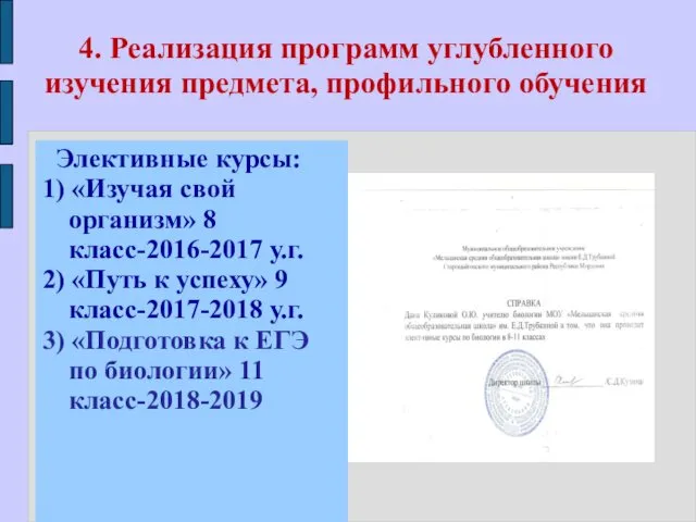 4. Реализация программ углубленного изучения предмета, профильного обучения Элективные курсы: