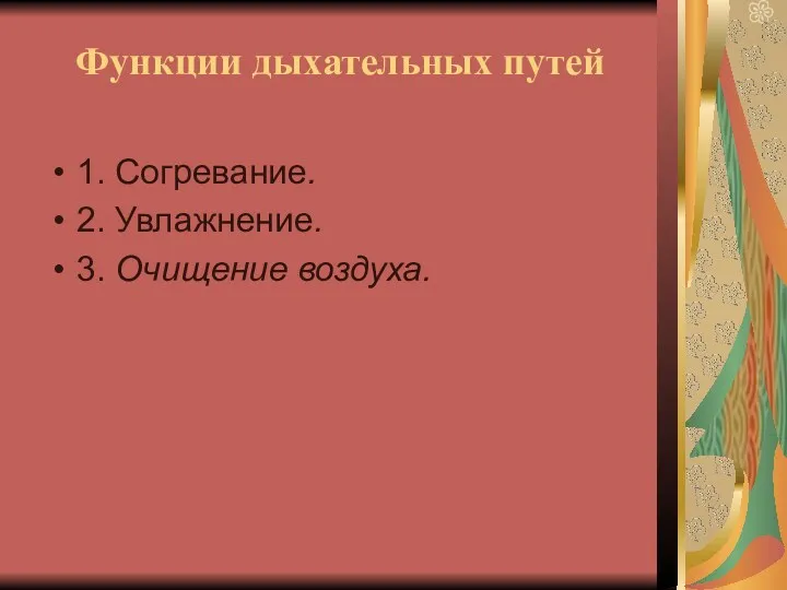 Функции дыхательных путей 1. Согревание. 2. Увлажнение. 3. Очищение воздуха.