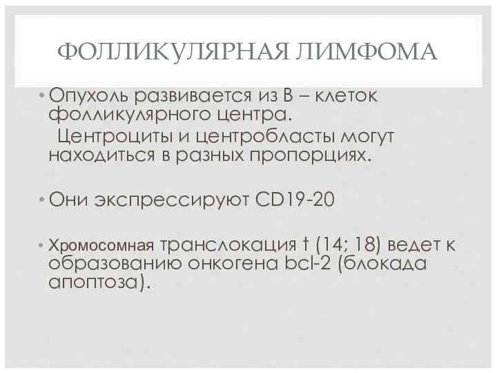 ФОЛЛИКУЛЯРНАЯ ЛИМФОМА Опухоль развивается из В – клеток фолликулярного центра.