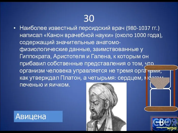 30 Наиболее известный персидский врач (980-1037 гг.) написал «Канон врачебной науки» (около 1000