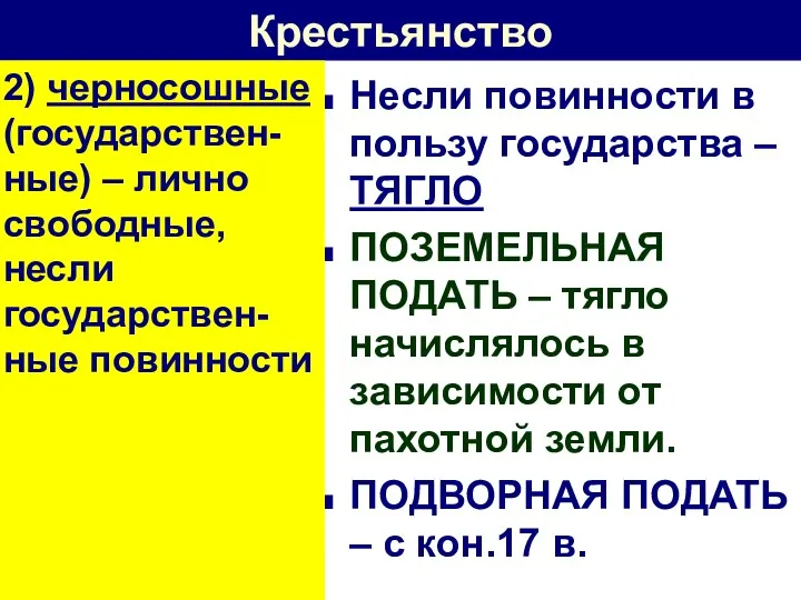 Крестьянство Несли повинности в пользу государства – ТЯГЛО ПОЗЕМЕЛЬНАЯ ПОДАТЬ