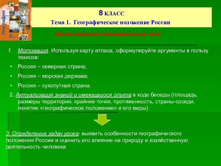 8 КЛАСС Тема 1. Географическое положение России Организационно-мотивационный этап Мотивация.