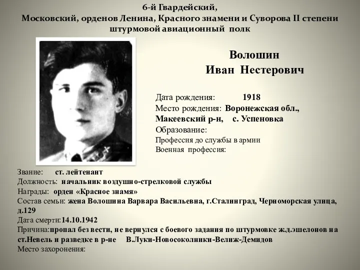 Волошин Иван Нестерович 6-й Гвардейский, Московский, орденов Ленина, Красного знамени