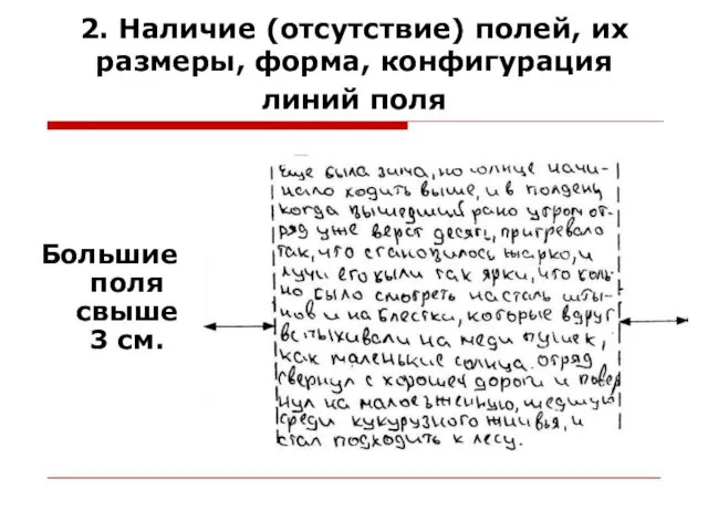 2. Наличие (отсутствие) полей, их размеры, форма, конфигурация линий поля Большие поля свыше 3 см.