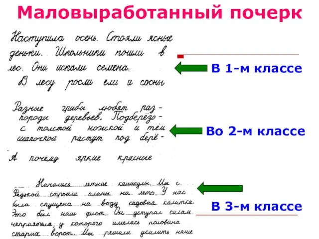 Маловыработанный почерк В 1-м классе Во 2-м классе В 3-м классе