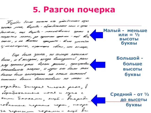 5. Разгон почерка Малый - меньше или = ½ высоты