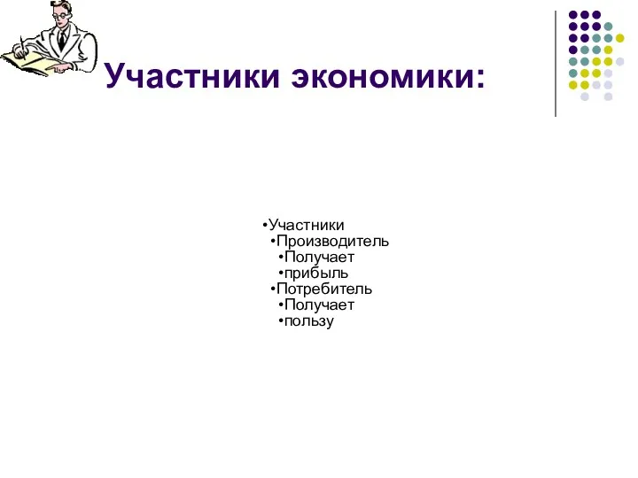 Участники экономики: Участники Производитель Получает прибыль Потребитель Получает пользу