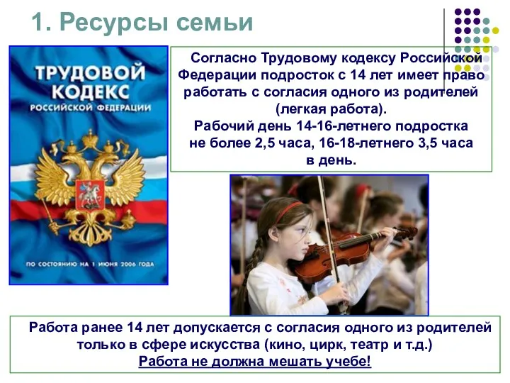 1. Ресурсы семьи Согласно Трудовому кодексу Российской Федерации подросток с