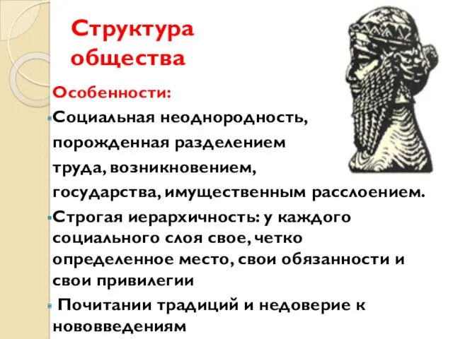 Структура общества Особенности: Социальная неоднородность, порожденная разделением труда, возникновением, государства,