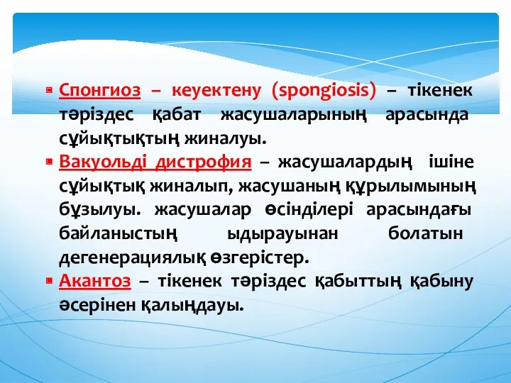 Спонгиоз – кеуектену (spongiosis) – тiкенек тәрiздес қабат жасушаларының арасында сұйықтықтың жиналуы. Вакуольдi