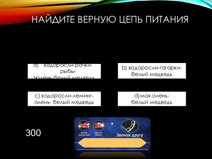 НАЙДИТЕ ВЕРНУЮ ЦЕПЬ ПИТАНИЯ водоросли-рачки-рыбы- тюлень-белый медведь b) водоросли-гагарки- белый