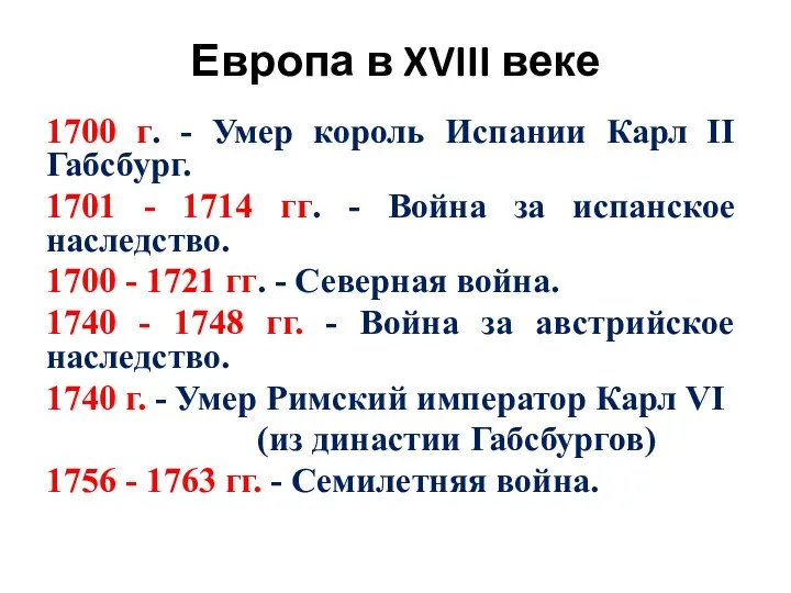 Европа в XVIII веке 1700 г. - Умер король Испании