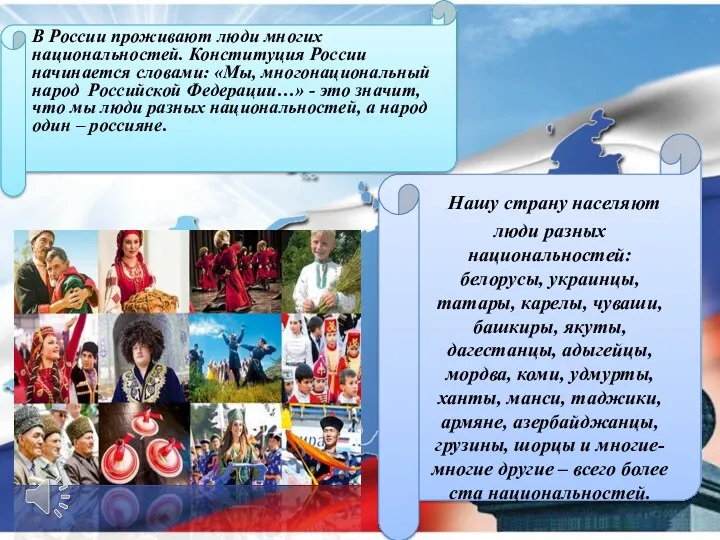 Нашу страну населяют люди разных национальностей: белорусы, украинцы, татары, карелы,