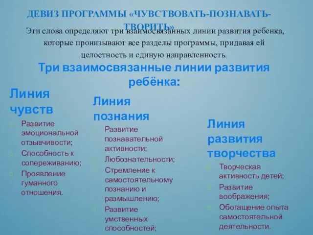 Эти слова определяют три взаимосвязанных линии раз­вития ребенка, которые пронизывают