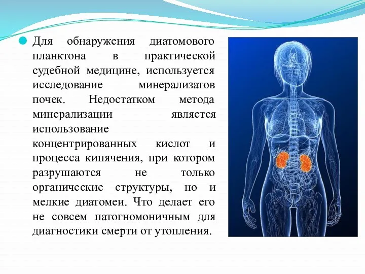 Для обнаружения диатомового планктона в практической судебной медицине, используется исследование