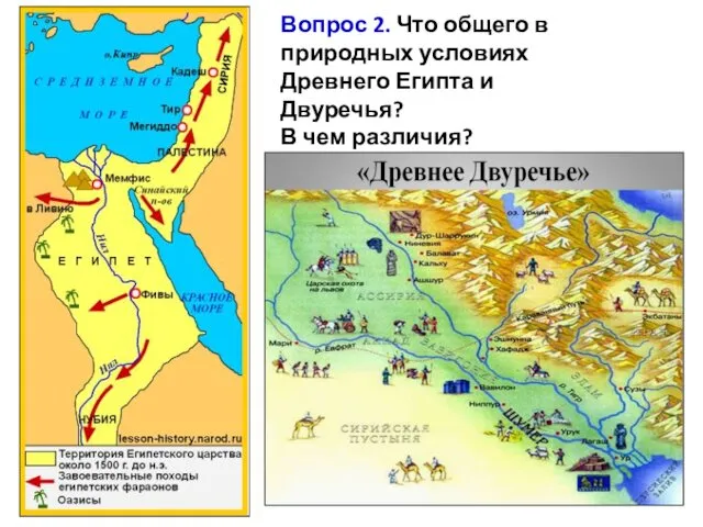 Вопрос 2. Что общего в природных условиях Древнего Египта и Двуречья? В чем различия?