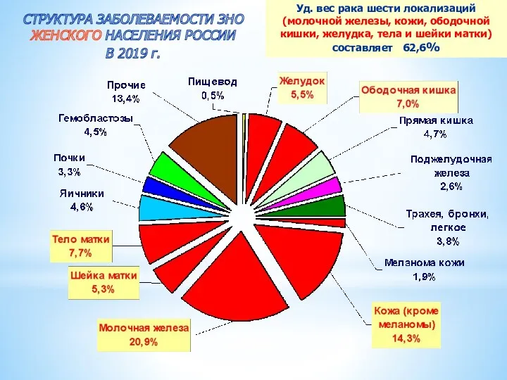 Уд. вес рака шести локализаций (молочной железы, кожи, ободочной кишки,