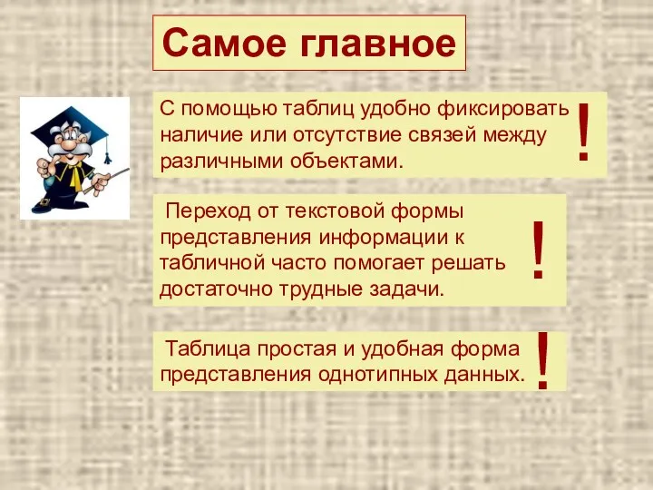 C помощью таблиц удобно фиксировать наличие или отсутствие связей между